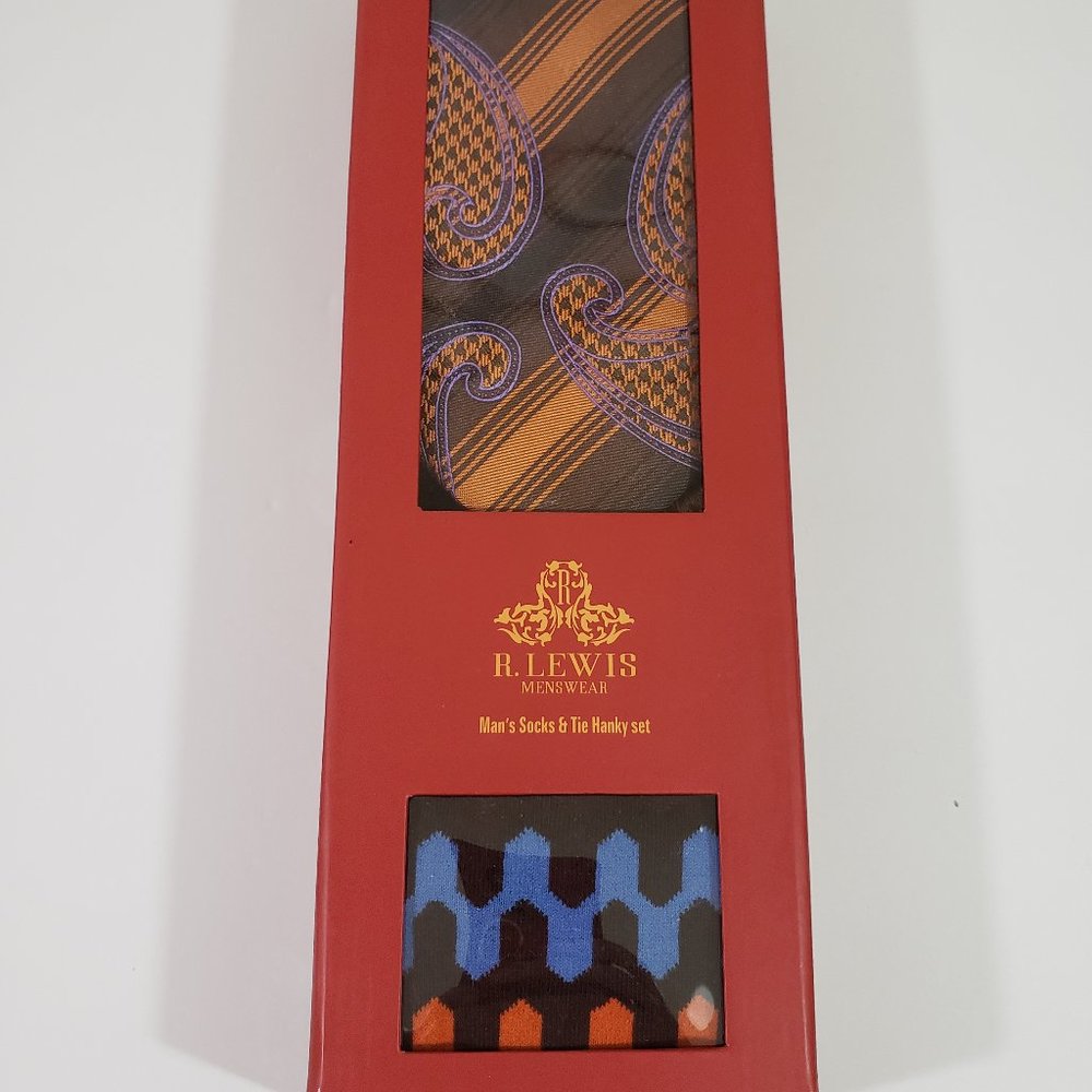 Robert Lewis Orange Neck Tie Hanky Socks Box 3 Set - Picture 7 of 8